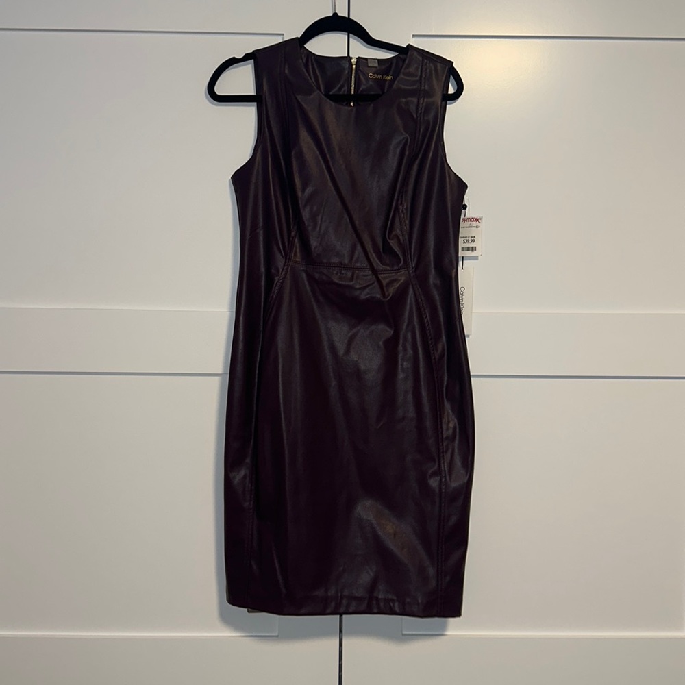 Calvin Klein eggplant pleather fitted dress